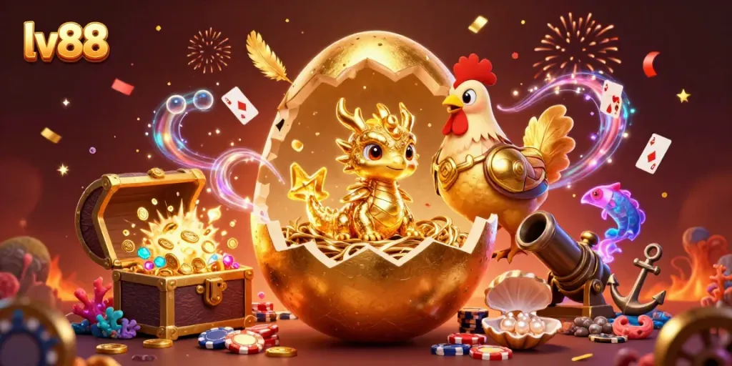 Experience thrilling action at lv88 with a golden dragon and poker chips amidst a lively casino scene.