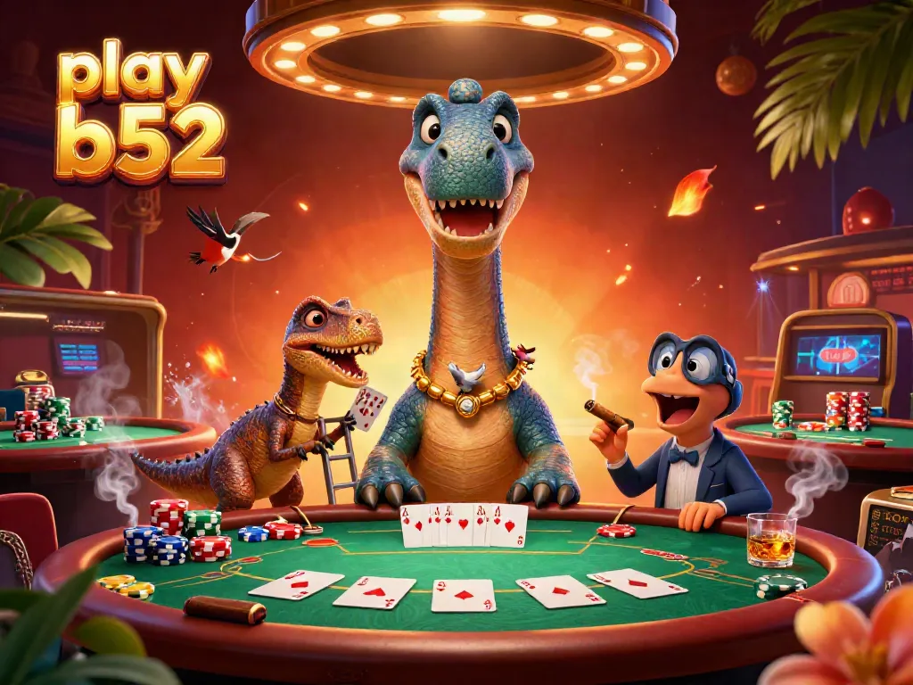 Engage in thrilling games at play b52 with vibrant casino visuals featuring a gigantic dinosaur and dynamic poker scene.