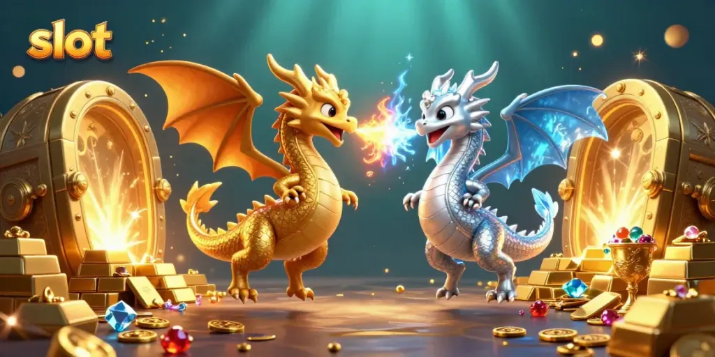Engage with slots as cartoon dragons fly amid gold treasures and vibrant gameplay elements.