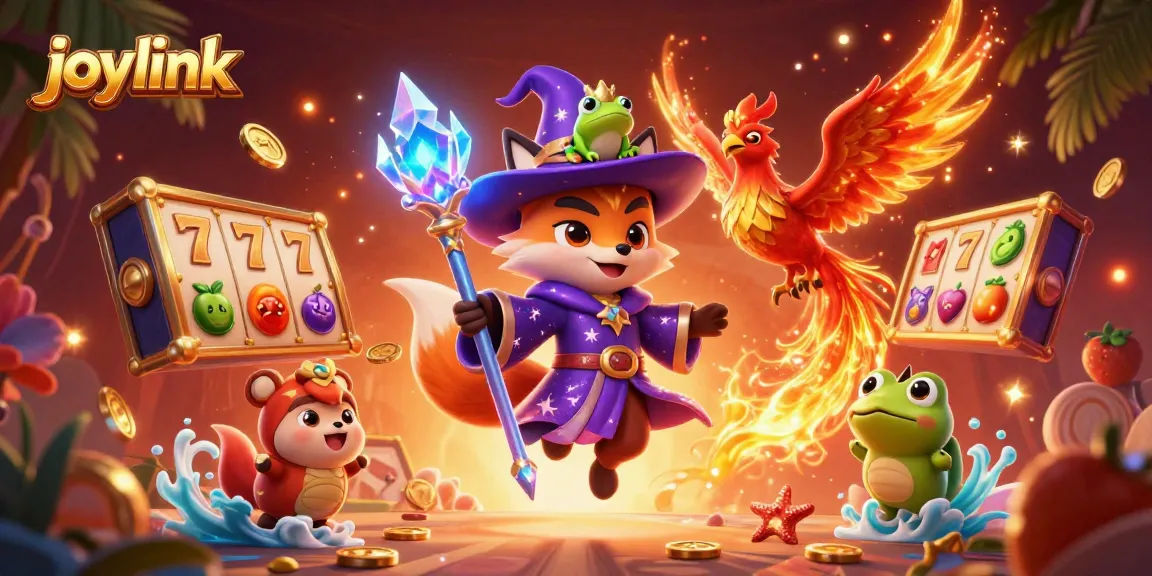 Spin the reels in the joylink scene featuring a wizard fox and phoenix, energized by vibrant casino elements.