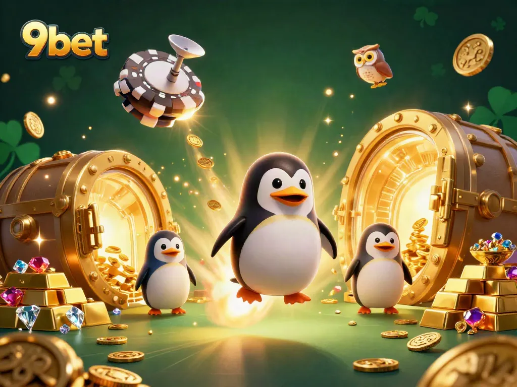 Experience the excitement of winning at 9bet while a golden penguin navigates through a cosmic casino adventure.