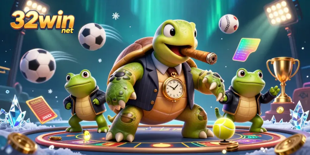 Experience the thrilling 32win net scene with a unique snapping turtle mobster in a vibrant casino atmosphere.