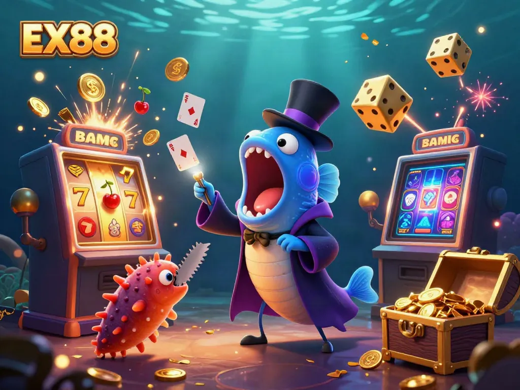 Experience the excitement of the EX88 casino with vibrant slot machines and magical sea creatures.