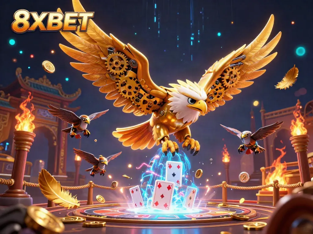 Experience thrilling bets at 8XBET with a dynamic 3D scene of a golden eagle amidst holographic cards.
