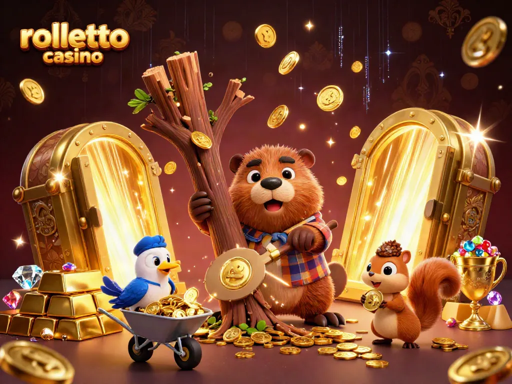 rolletto casino features a beaver, bird, and squirrel in a gold coin-chopping scene