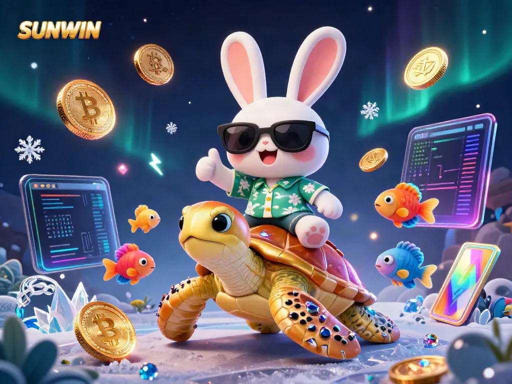 Win big at SUNWIN with a cartoon lucky rabbit and a golden sea turtle amidst crypto treasures