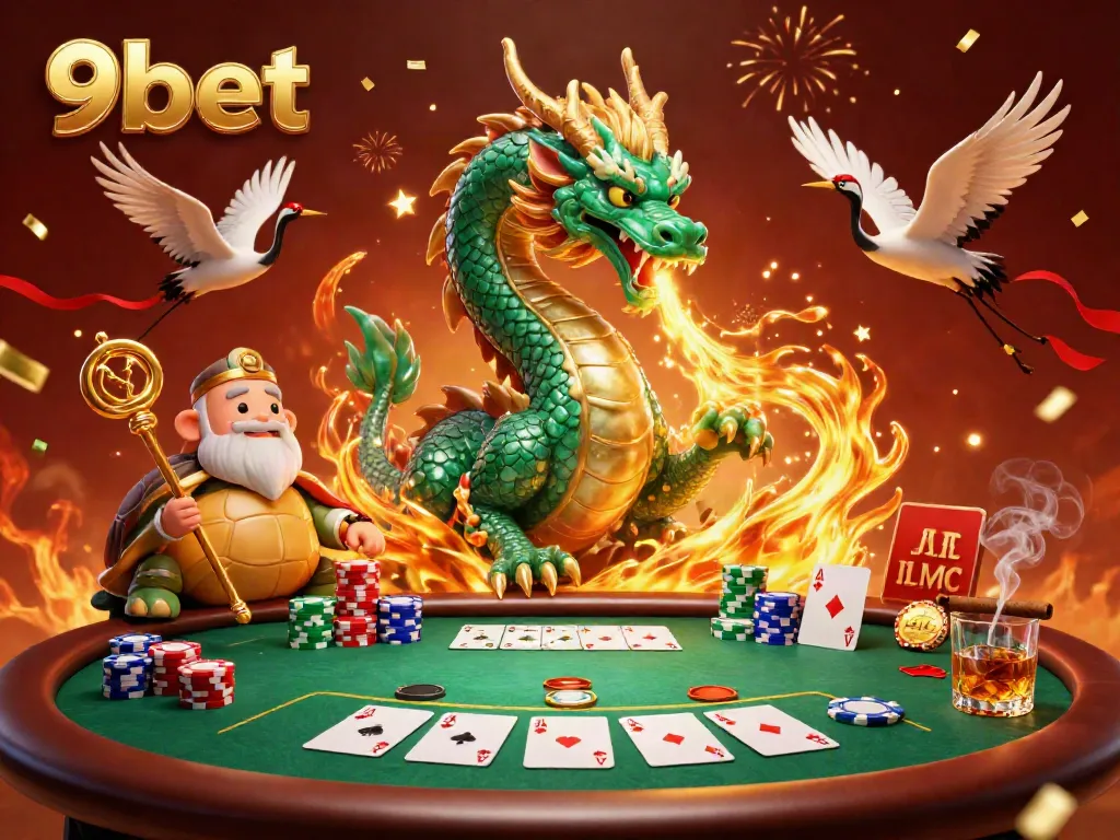 Experience breathtaking 9bet action with a jade dragon and turtles at a vibrant poker table.