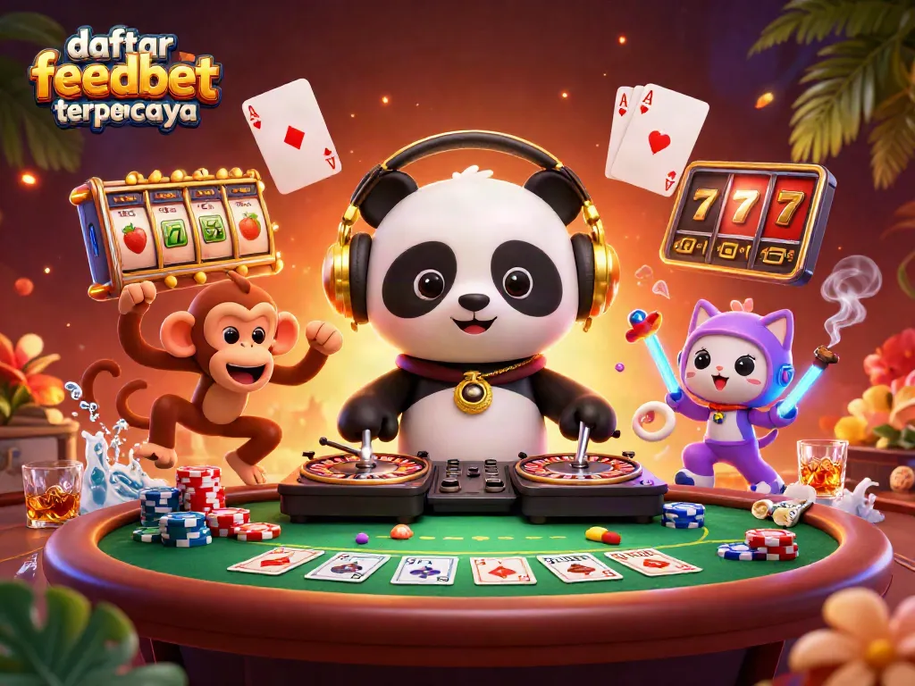 Experience daftar feedbet terpercaya as you enjoy slots in a vibrant 3D casino scene with engaging characters.