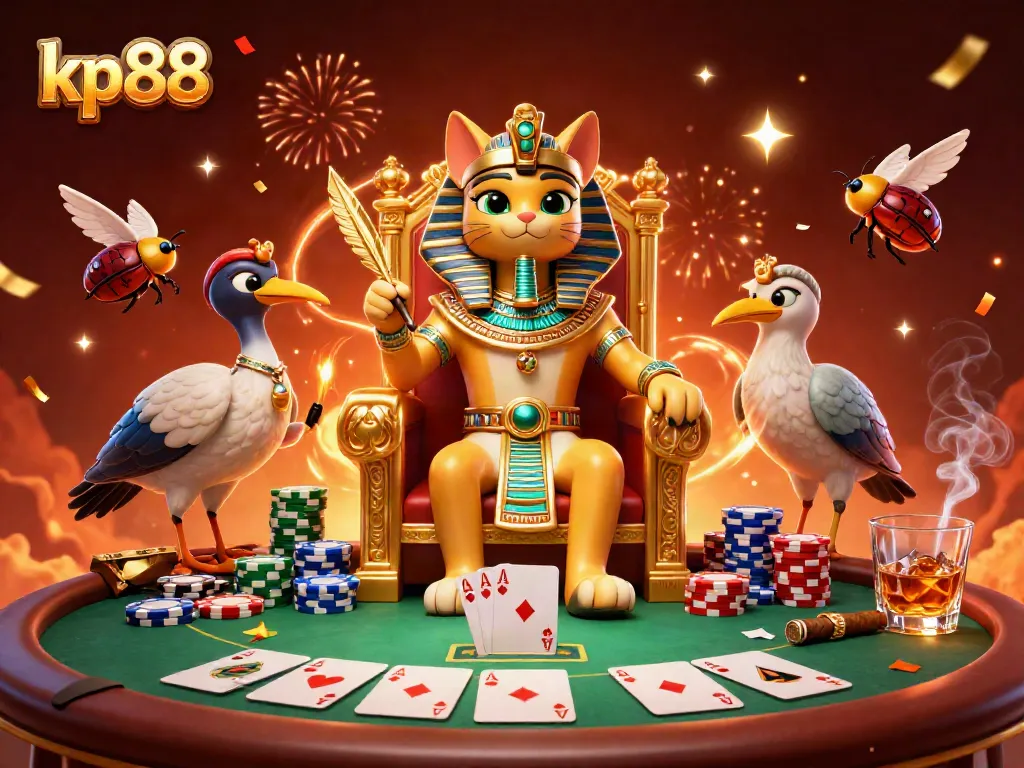 Engage in thrilling gambling action with kp88 at a colorful poker scene featuring a pharaoh cat and sparkling elements.