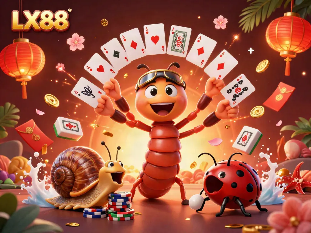 Experience thrilling gameplay at LX88 with a festive casino illustration showcasing a millipede dealer and high-roller snail.