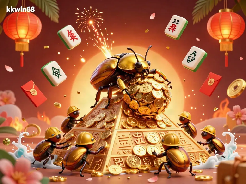 Engage in thrilling casino adventures with kkwin68, featuring vibrant 3D illustration of golden beetles and dazzling symbols.