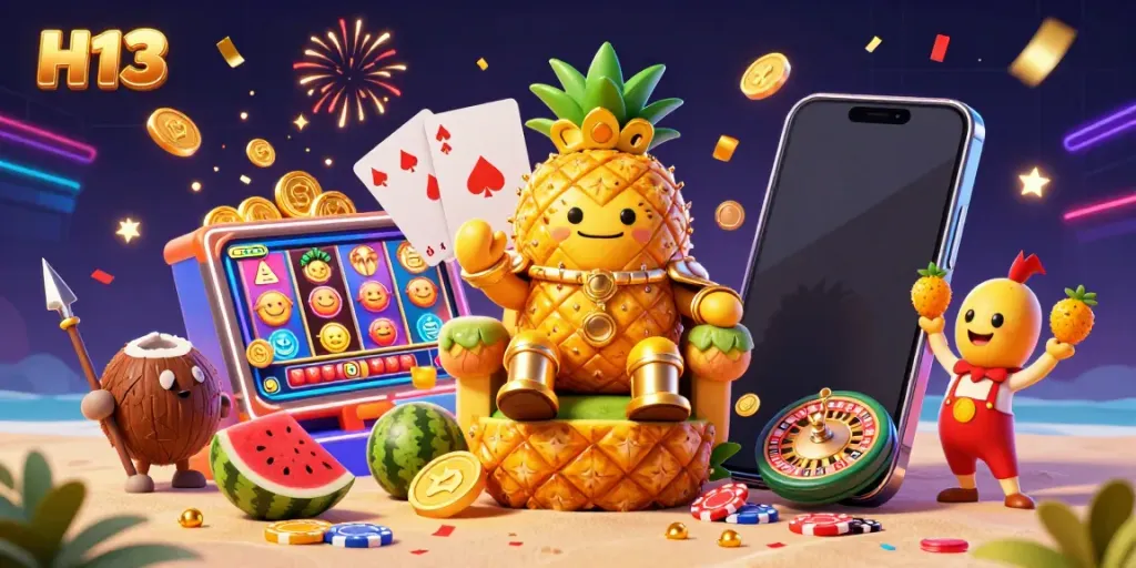 Experience the excitement of H13's beach casino with the golden pineapple king amidst vibrant games and rewards.