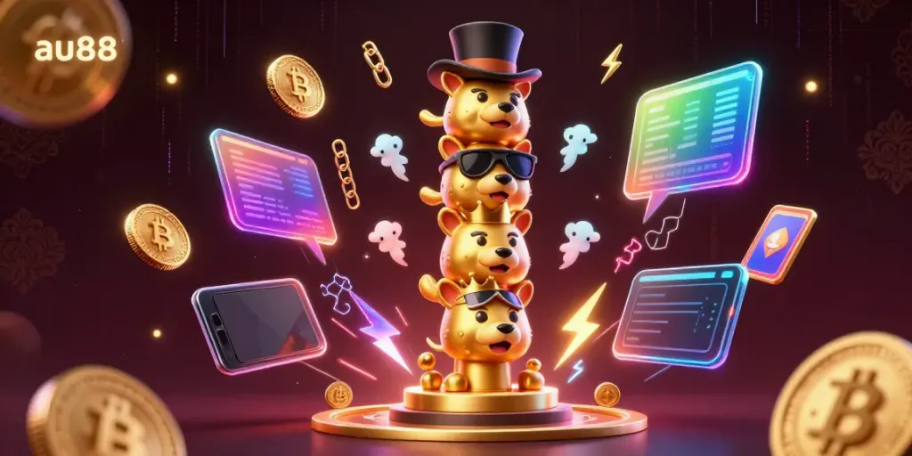 Join the excitement at au88 with vibrant 3D illustrations capturing animated totem poles, crypto coins, and casino accessories for a thrilling online gambling experience.