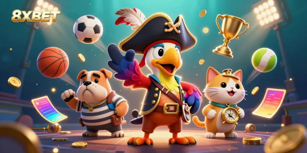 Experience thrilling gaming action with 8XBET's pirate-themed adventure featuring a captain and bulldog.