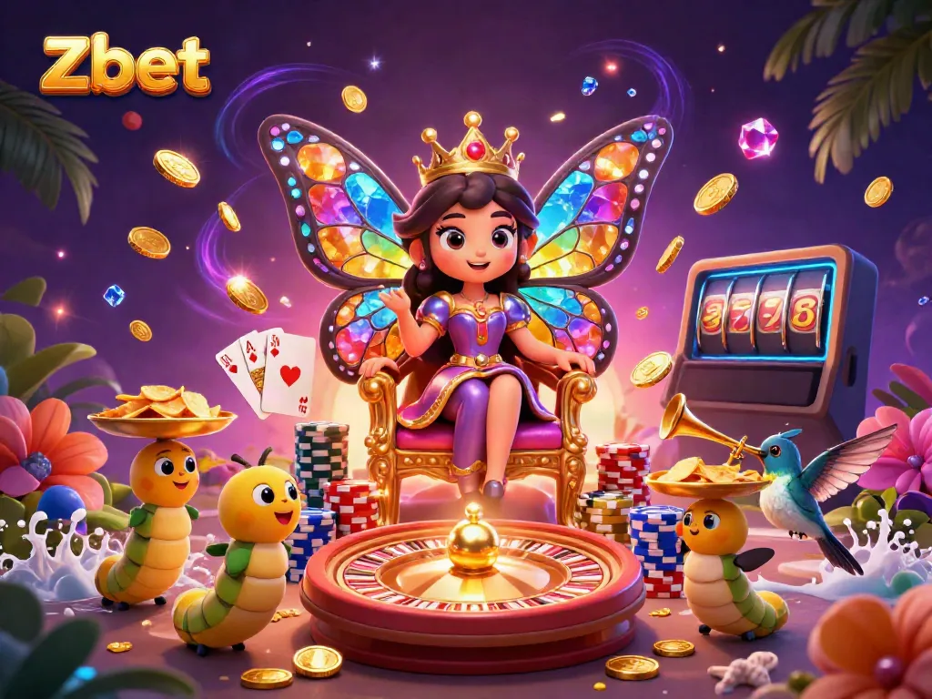 Zbet showcases an enchanting casino scene with a sparkling butterfly queen and vibrant gaming elements.