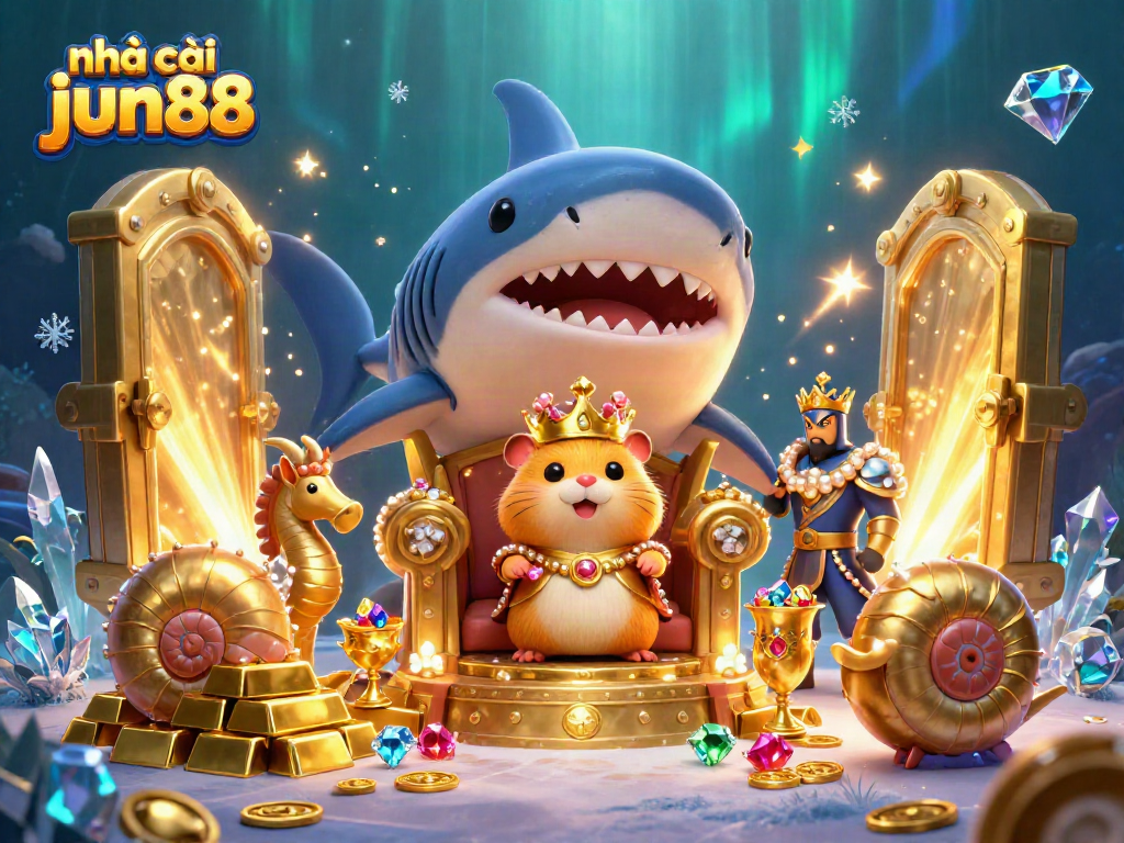 Experience gaming excitement with nhà cái jun88 at a vibrant underwater casino scene featuring a golden hamster king.