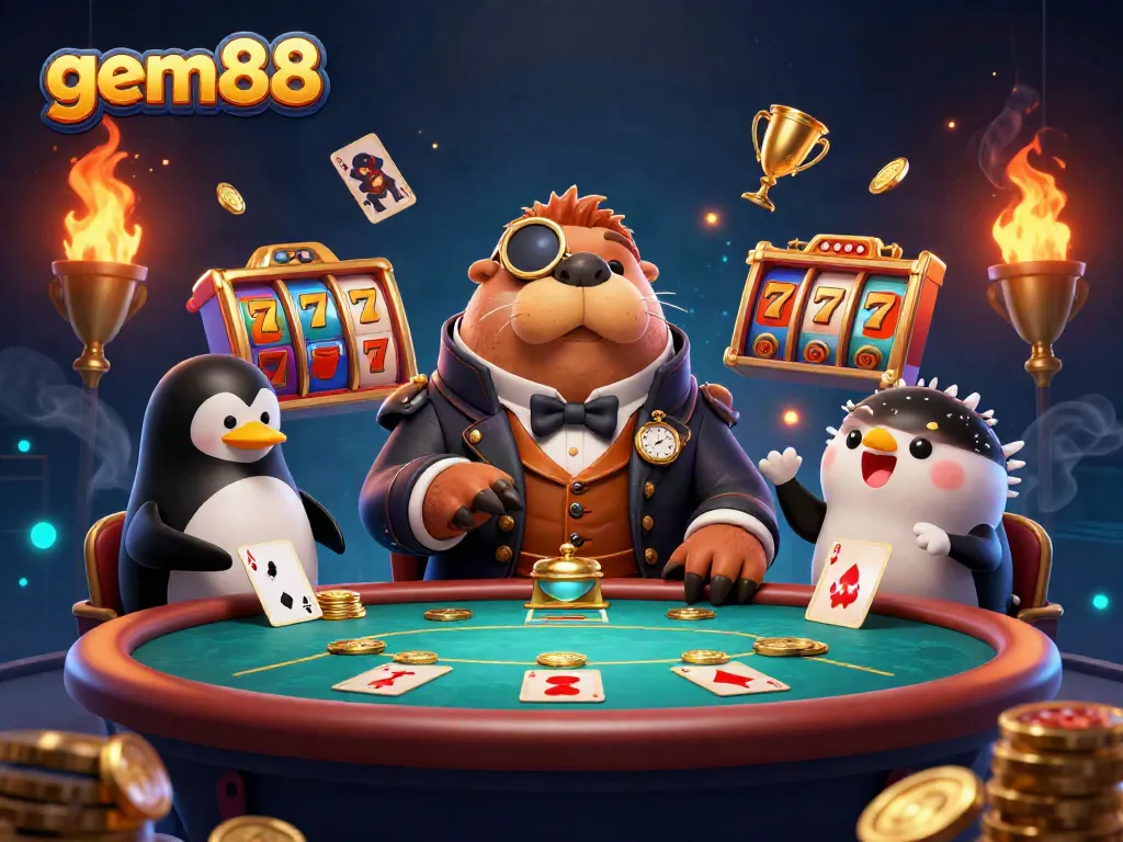 Experience the fun of gem88 at an underwater poker table with characters in a lively casino setting.