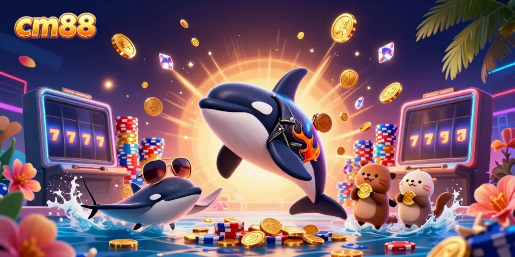 Spin and win with cm88 in a vibrant 3D casino scene featuring lively characters.