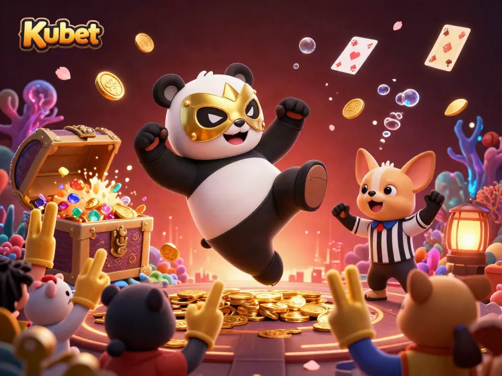 Kubet offers an exciting animated scene with a panda wrestler kicking and a referee surrounded by playful animal fans.