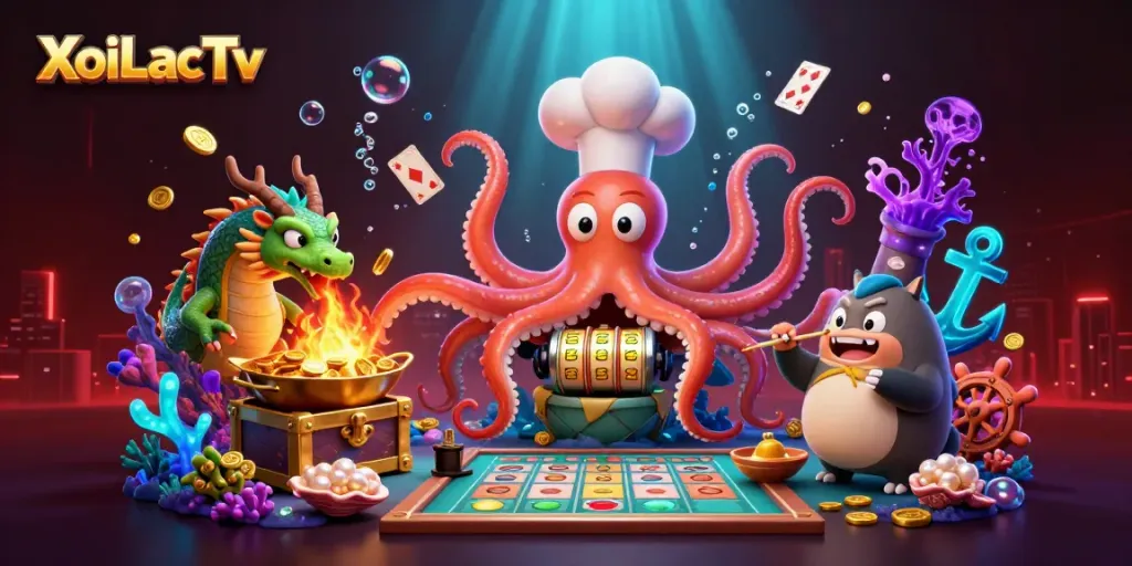XoiLacTv features a cartoon octopus chef cooking jackpot slots as a dragon breathes fire, surrounded by aquatic treasures.