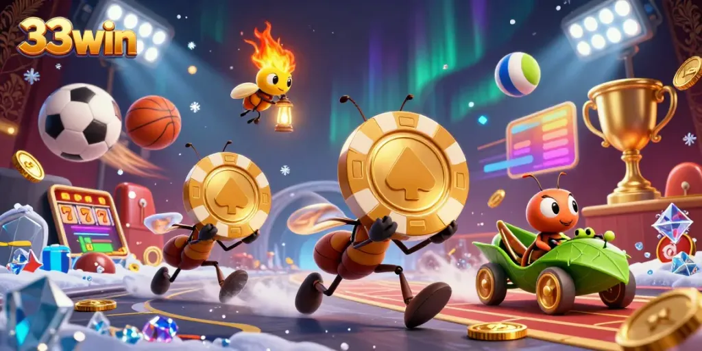 Engaging heist scene with 33win poker chip being carried by ants in a bustling casino adventure.