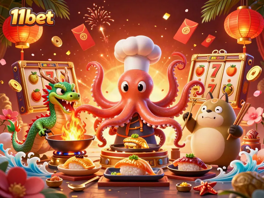 Experience the thrill of 11bet with a vibrant casino scene featuring an octopus chef and dragon under golden lights.