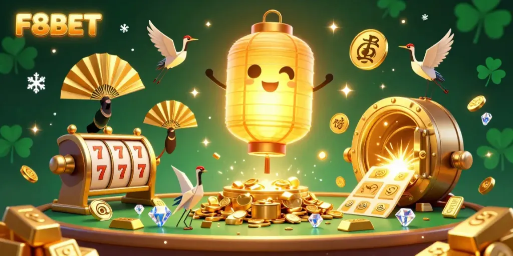 Experience the vibrant world of F8BET with a colorful 3D casino scene featuring gold treasures and lucky symbols.