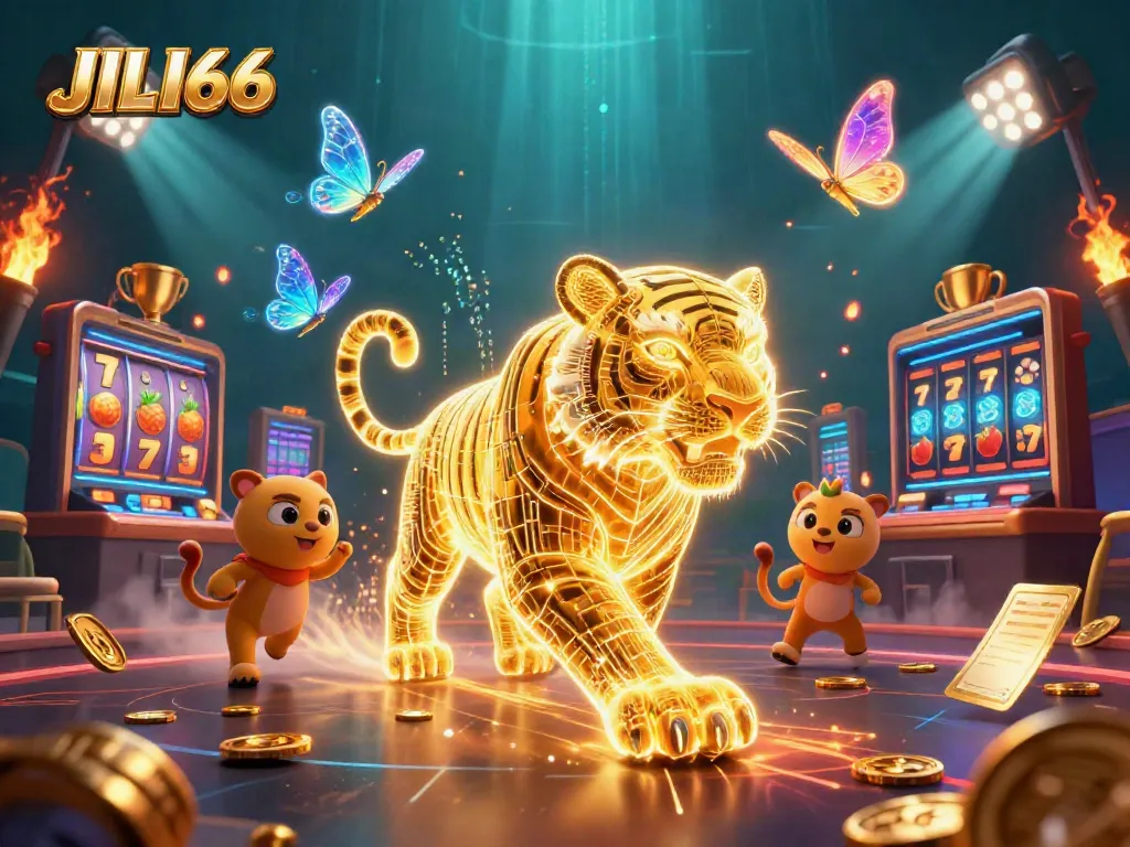 Experience the vibrant JILI66 casino world with a neon-wireframe tiger and dynamic slots.