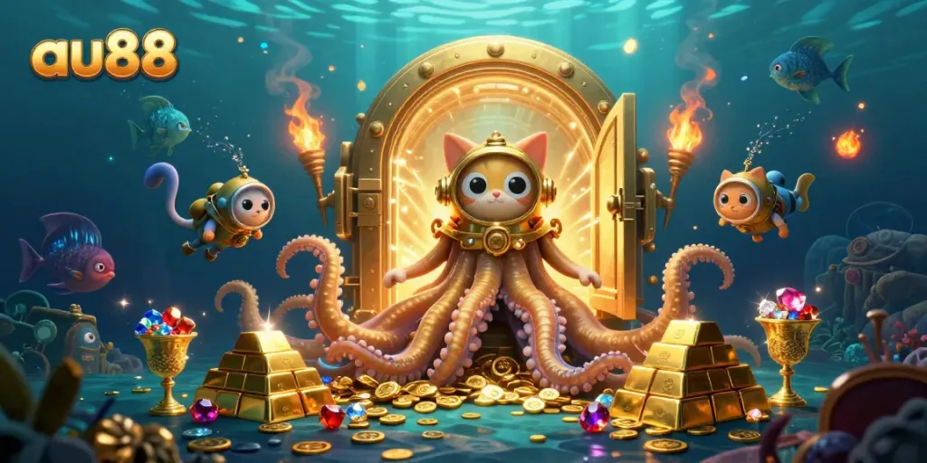 Experience thrilling gaming adventures with au88 in a vibrant underwater casino scene featuring a kraken and diving cat.