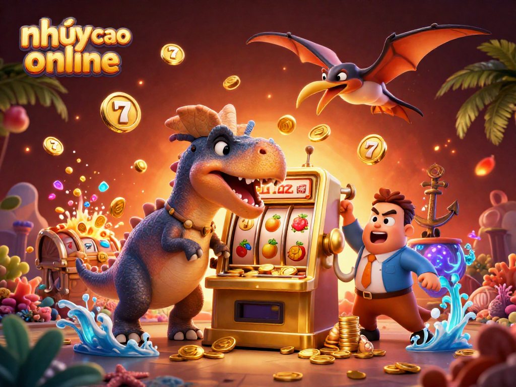 nhảy cao online features a cartoon dinosaur jackpot scene with coins and playful elements