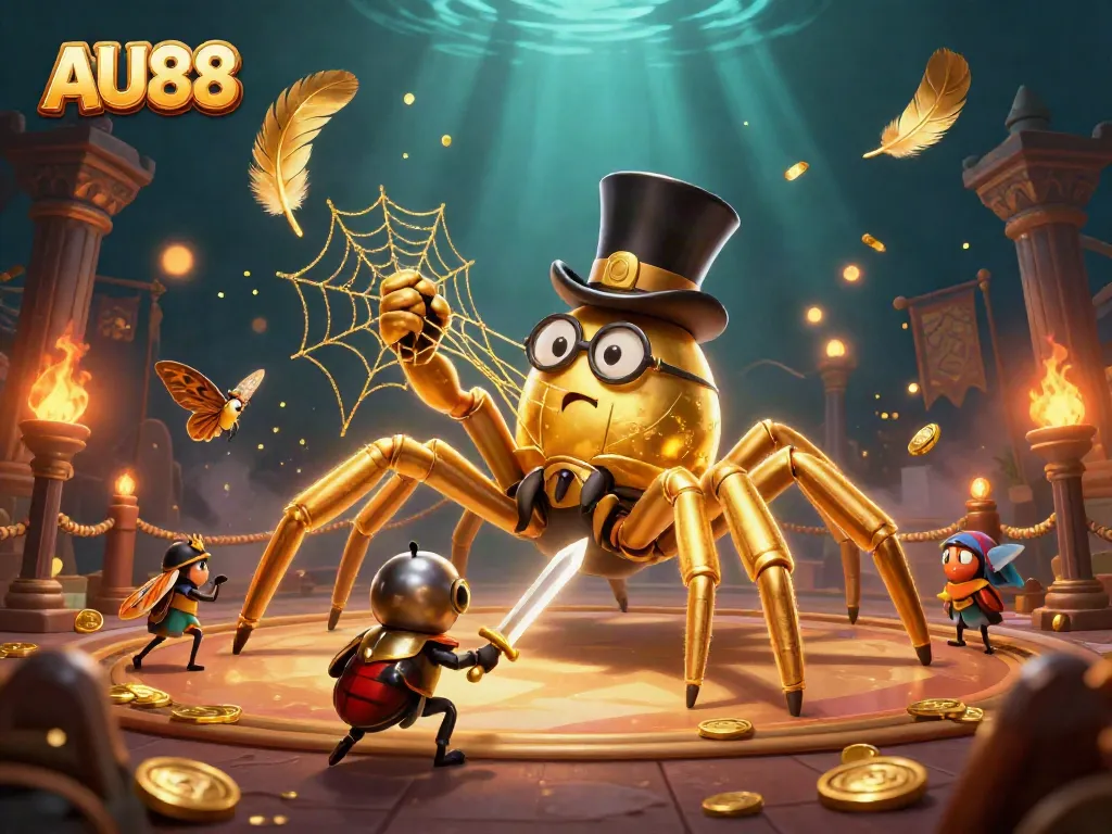 Engage with AU88's thrilling gaming scene featuring a golden tarantula and brave beetle knight.