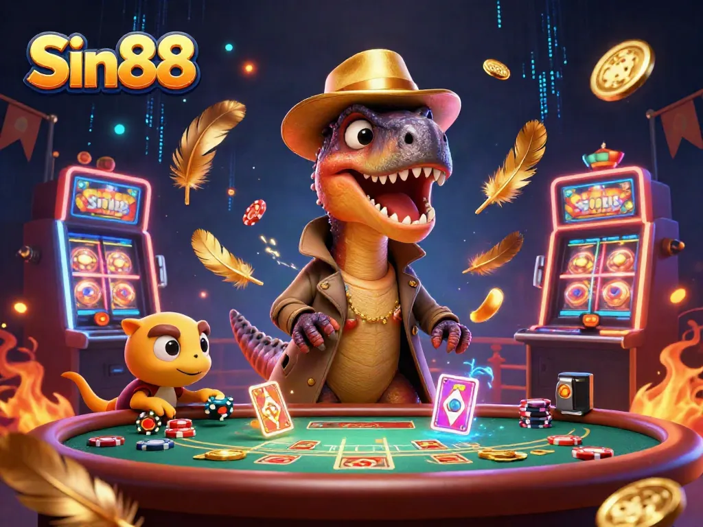Engaging Sin88 casino scene with a velociraptor card counter, stegosaurus pit boss, and dynamic gambling elements.