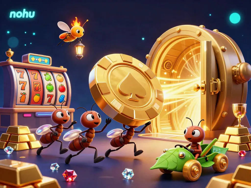 Nohu offers an exciting casino experience with a heist scene depicting animated characters carrying a giant poker chip amidst a treasure-filled background.