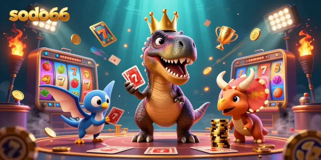 Experience excitement at sodo66 with friendly dinosaurs playing cards and stacked chips in a vibrant casino.
