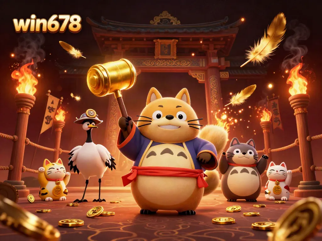 Experience the excitement of win678 with a cheerful tanuki and crane in a lively casino scene.