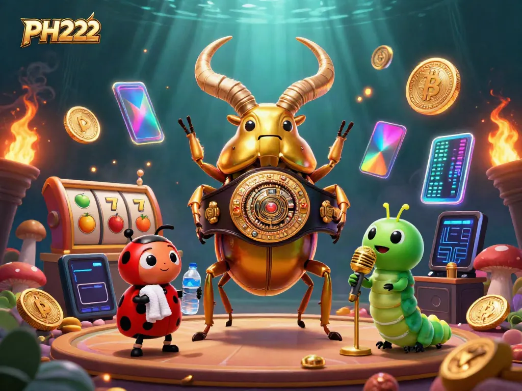 Experience thrilling PH222 action with vibrant characters and cryptocurrency elements in this dynamic casino scene.
