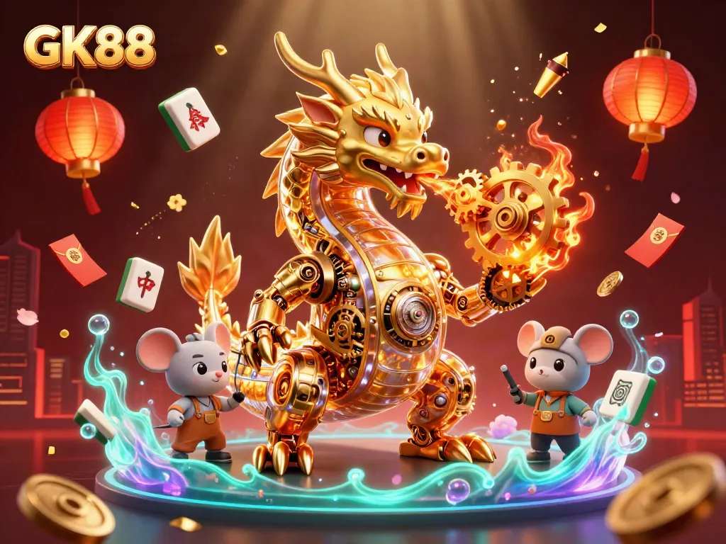 GK88 showcases a golden dragon amidst floating casino elements, enhancing the gaming atmosphere.
