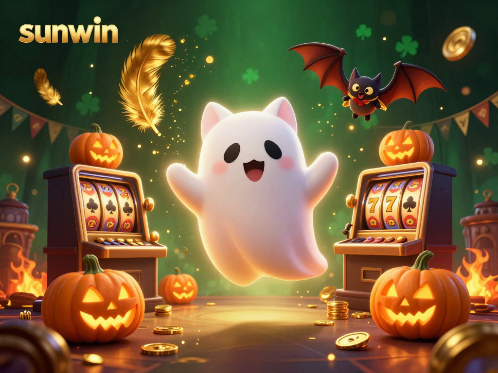 Experience the thrill of sunwin slots with a spooky ghost cat and vibrant casino elements.