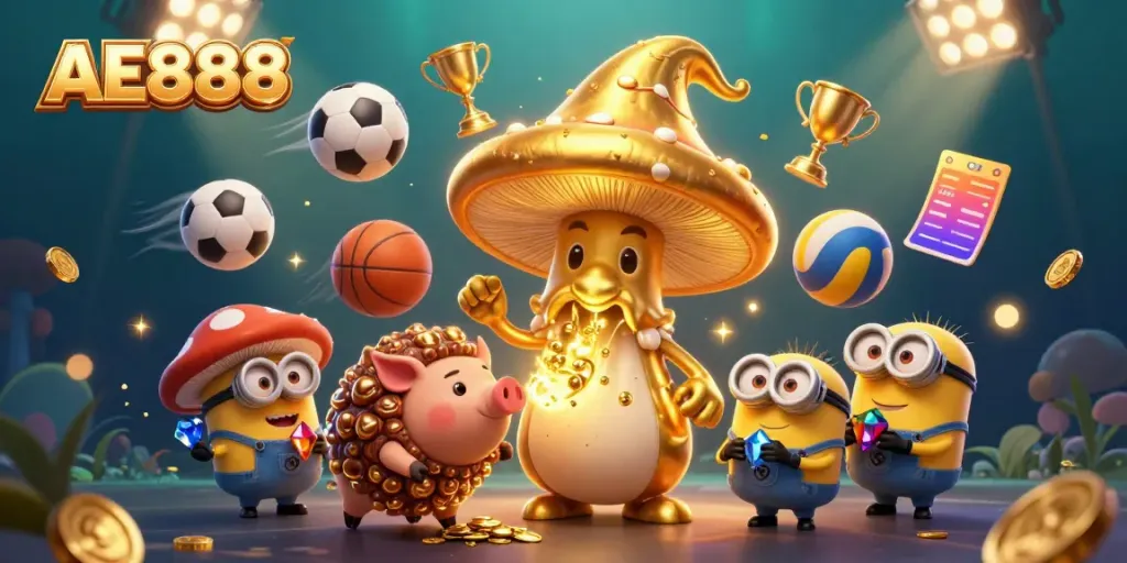 Engage with AE888's enchanting world of gaming magic, featuring a wizard, treasure, and dynamic sports elements.