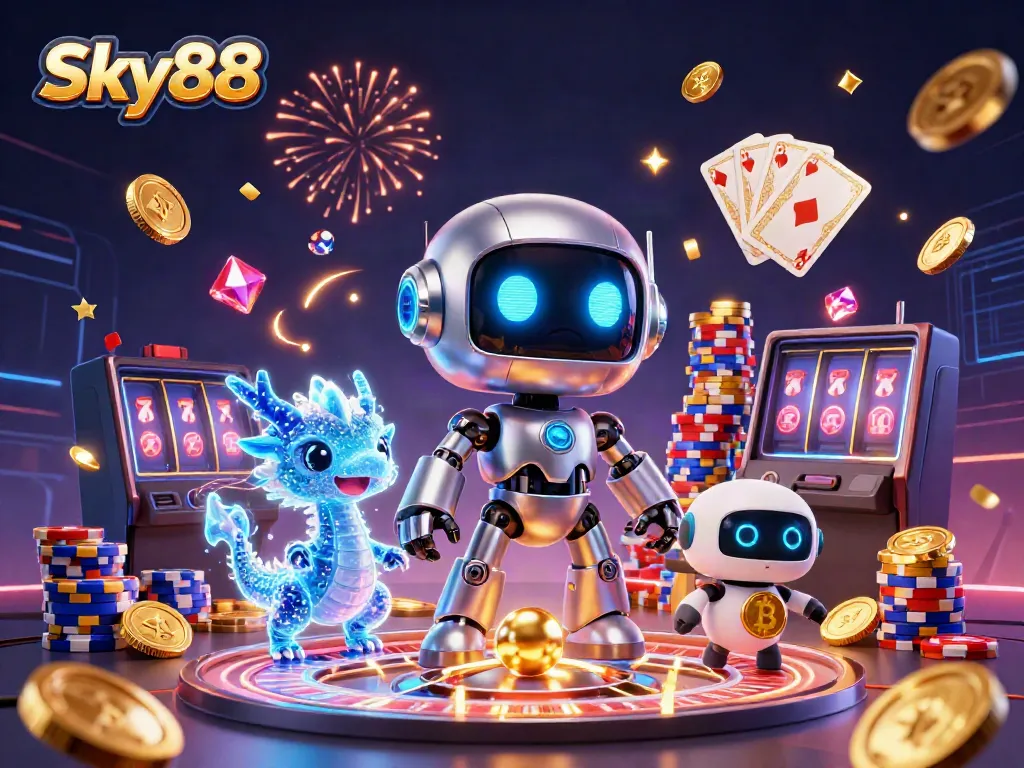 Experience thrilling online gaming with Sky88's vibrant cyberpunk-inspired casino scene featuring vital game elements.