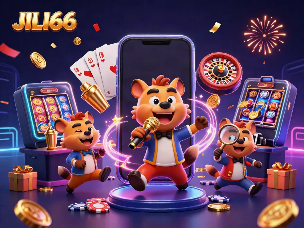 Experience exciting gaming with JILI66, the lively hyena comedy casino scene featuring slots and vibrant celebration.