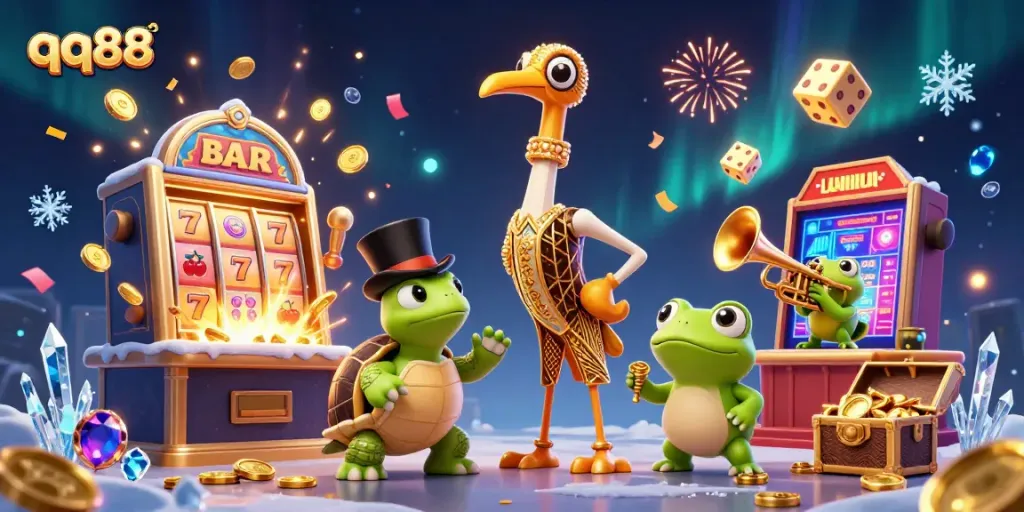 Spin to win at qq88 with vibrant casino characters, themed slots, and lively elements.