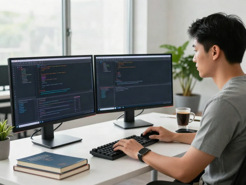 Web developer coding with dual monitors in a modern workspace for instant indexing.