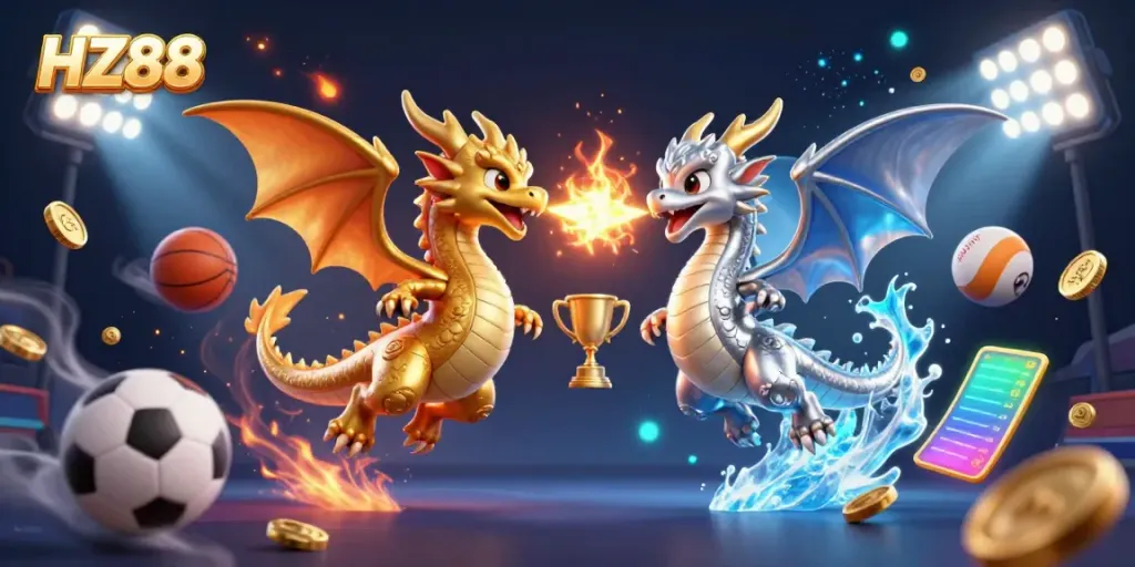 Experience the excitement of HZ88 with a dynamic scene showcasing twin dragons, sports elements, and epic casino atmosphere.