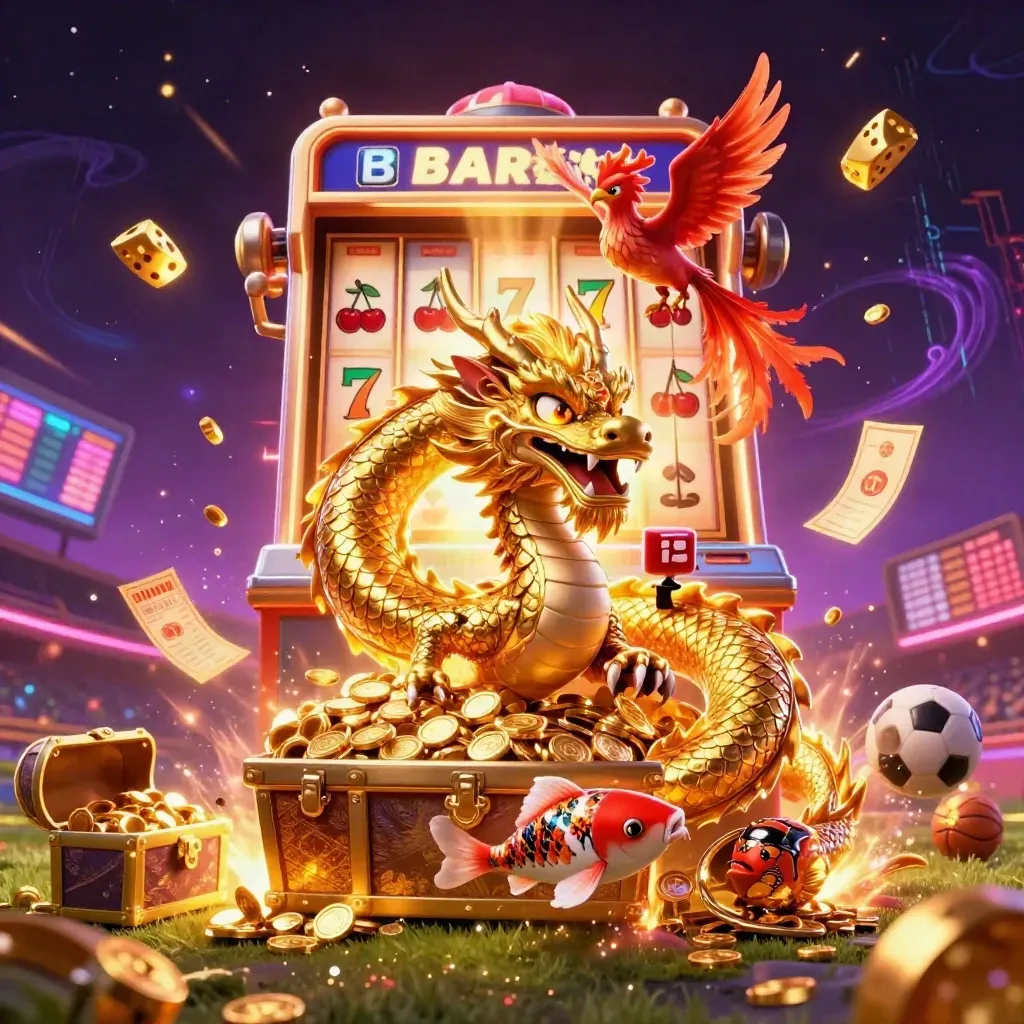 Golden dragon, phoenix and slot-machine burst amid sports balls and neon casino effects.