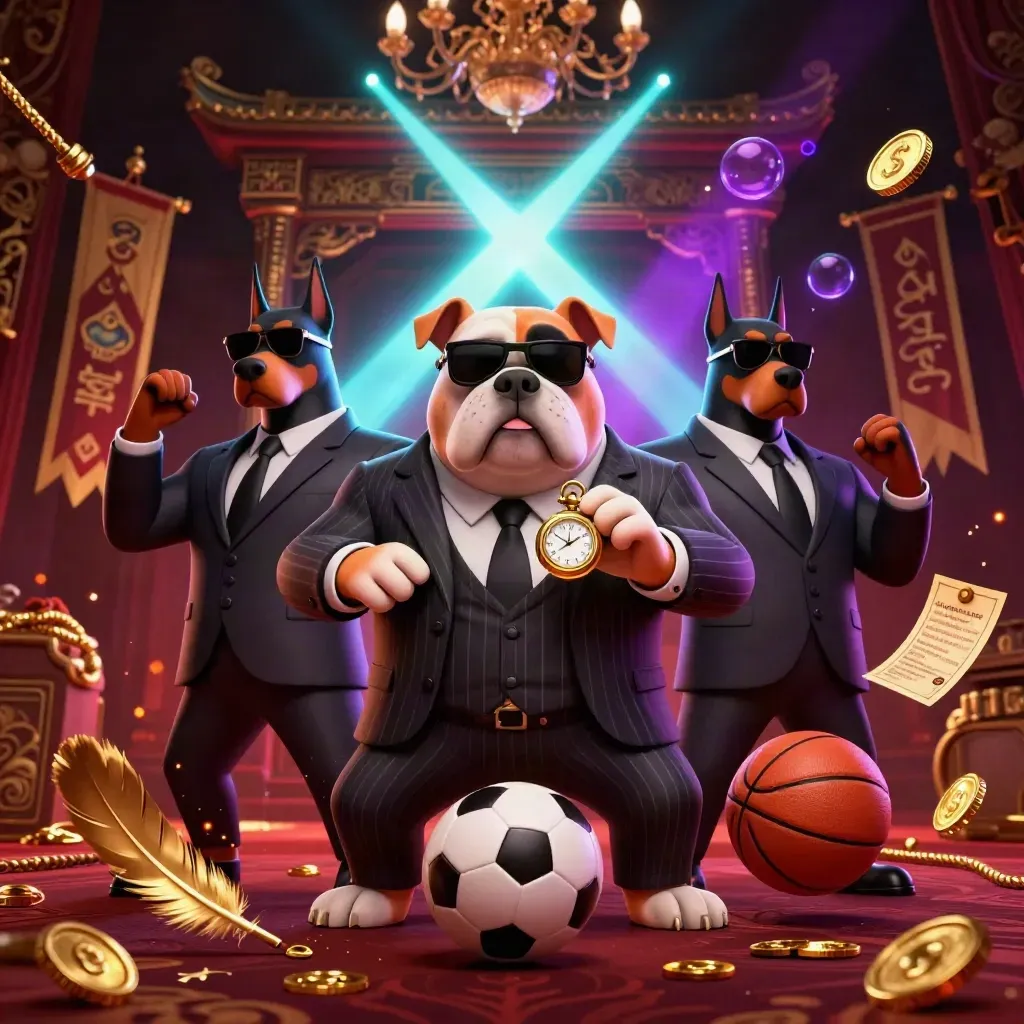 Mafia bulldog and Dobermans amid frozen soccer ball, basketball, coins, temple gate and neon haze