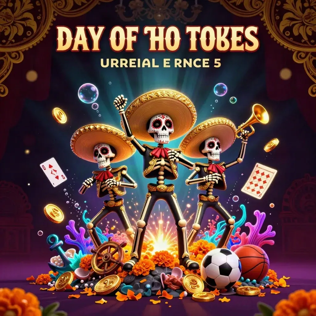 Skeleton mariachi trio in a glowing treasure cove with gold coins, coral, and casino props.