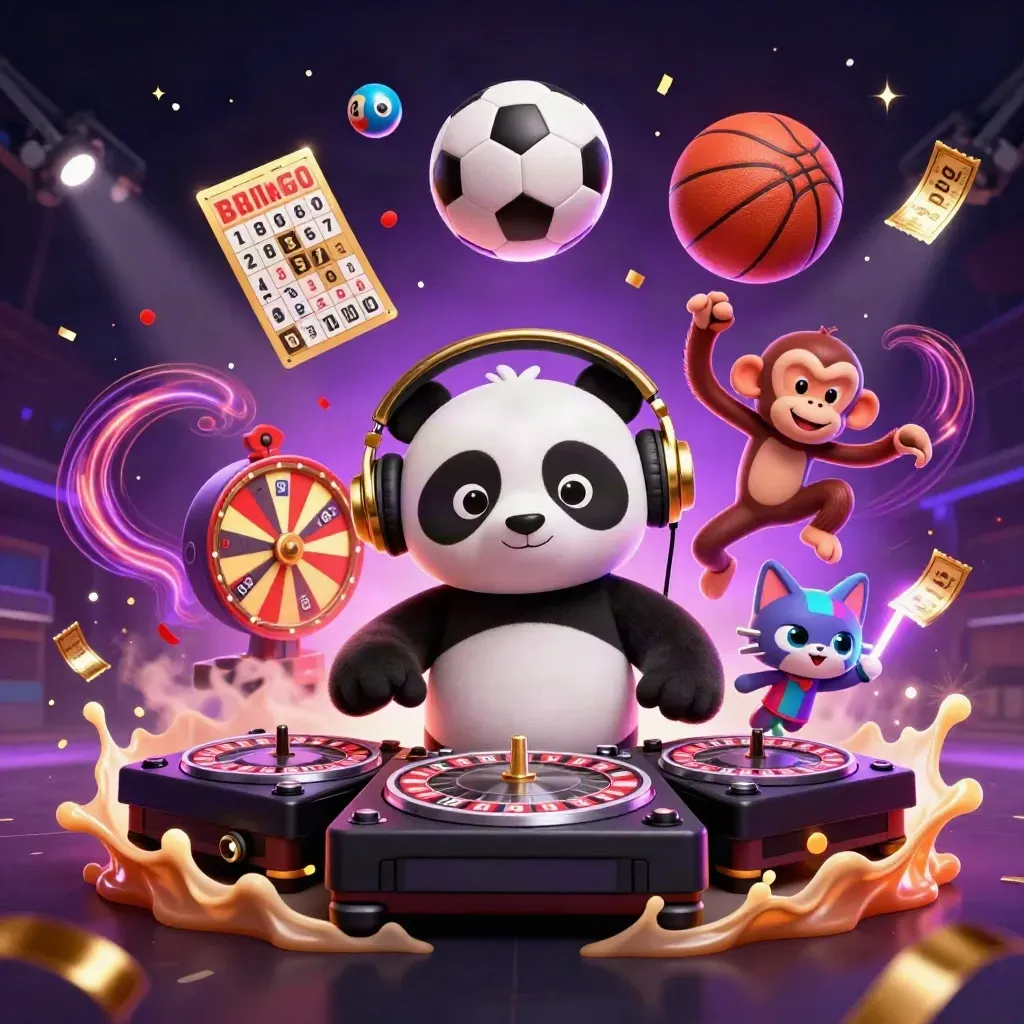 Panda DJ, breakdancing monkey and glow-stick kitten amid sports balls and casino lights.