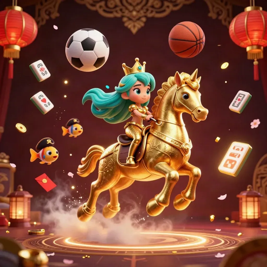 Mermaid princess on golden seahorse amid casino charms, coins, lanterns, and glowing dark damask.