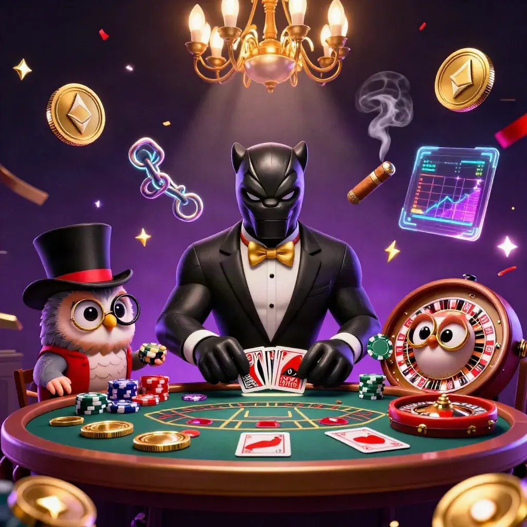 Panther, owl, and mouse in a luxe live-casino table scene with glowing coins and neon effects.